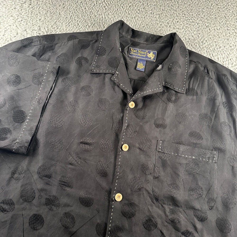 Nat Nast Shirt Mens L Black Silk Golf Clubs Balls Print Textured Camp Button Up
